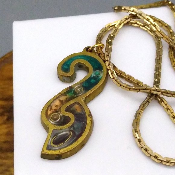 Modernist Brass Pendant Necklace with Stone and Resin Inlay, Retro Abstract Boho - Picture 4 of 5